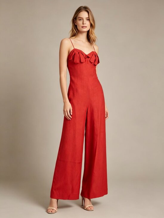 Farm Rio Pants - NWT Farm Rio Red 3D Petals Bodice Euroflax Premium Linen Jumpsuit XXS Wide-Leg
